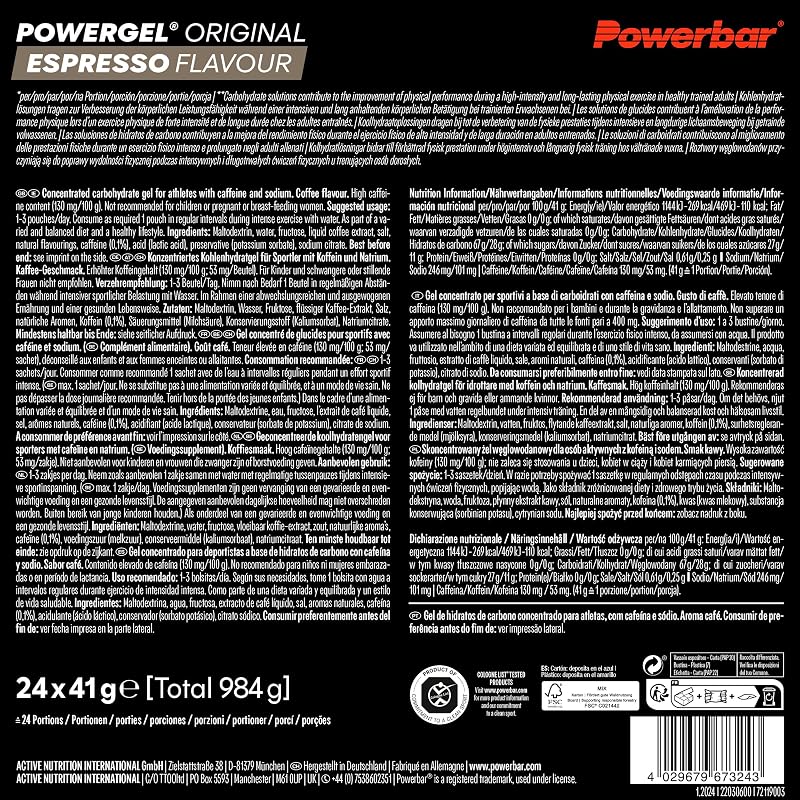 - PowerGel Original - Espresso - 24x41g - Gel énergétique riche en glucides - Sodium - 53mg de caféine