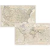 Antique Laminated World Map &amp; US Map Poster Set - 18" x 29" - Wall Chart Maps of the World &amp; United States - Made in the USA - (LAMINATED, 18" x 29")