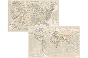PALACE LEARNING Antique Laminated World Map & US Map Poster Set - 18" x 29" - Wall Chart Maps of the World & United States - Made in the USA - (LAMINATED, 18" x 29")