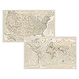 Antique Laminated World Map & US Map Poster Set