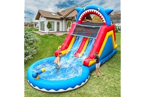 HXDOGSP Inflatable Water Slide Commercial Grade: 22FT(L) Water Bounce House for Adults & Teenagers - Big Pool, Premium PVC, Shark Style, Wet & Dry, 950W Blower - for Backyard Outdoor Birthday Party