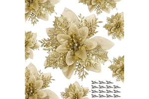 Childom 15 PCS Gold Poinsettia Flower Artificial Poinsettia With Clips Christmas Decor Glitter Poinsettia Christmas Ornaments Christmas Tree Flower Decorations with Stems DIY Xmas Wreath Holiday Party