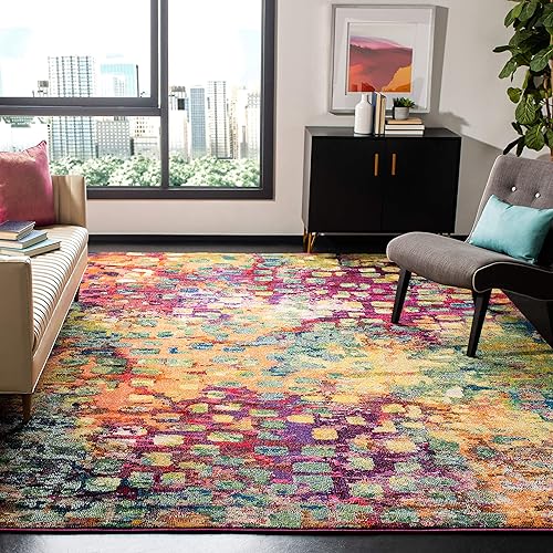 Safavieh Monaco Collection MNC225D Boho Chic Abstract Watercolor Non-Shedding Stain Resistant Living Room Bedroom Area Rug, 4' x 5'7", Pink / Multi