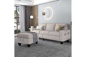 ZEEFU Beige Convertible Sectional Sofa Couch,3 Seat L Shaped Sofa Couch with Storage Reversible Ottoman and Pockets, Modern Linen Fabric Upholstered Sofa Furniture Sets for Living Room Bedroom Small Space
