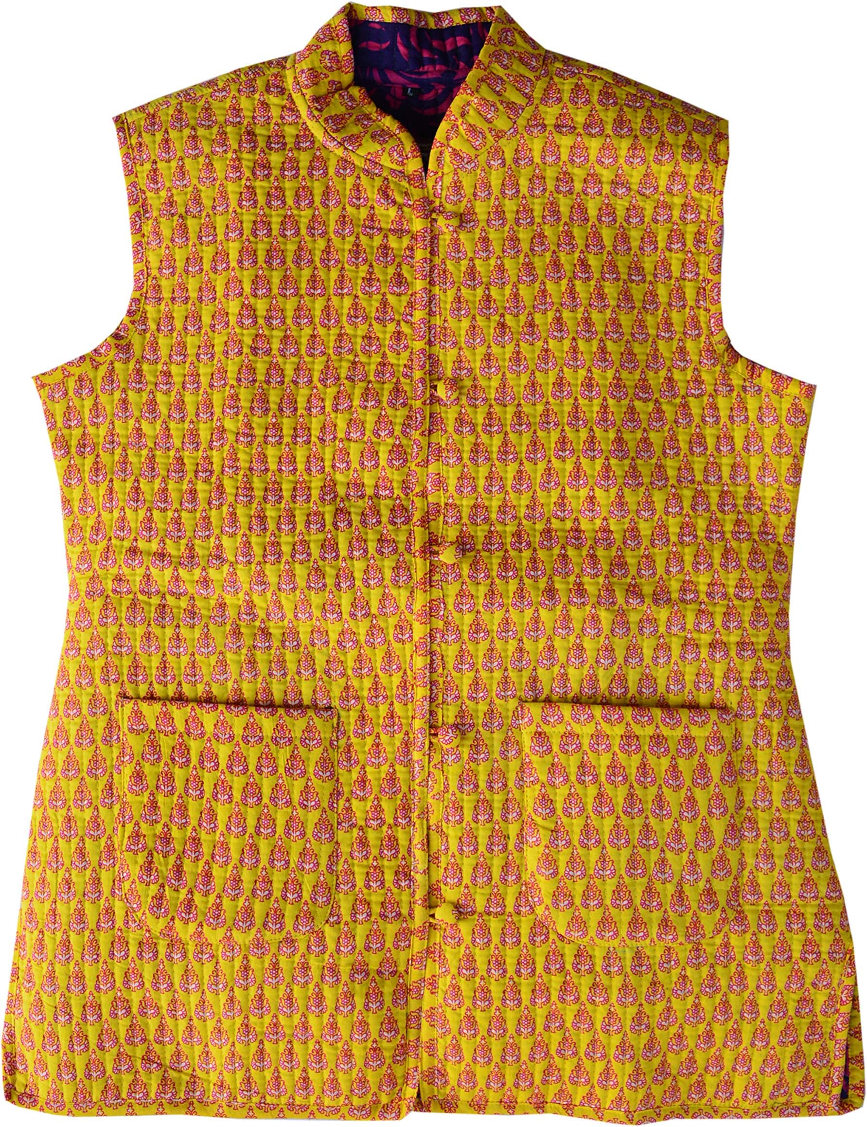 Women Jaipuri Block Print Quilted Reversible Jacket, Lightweight Ethnic Jaipuri Jacket (Yellow Red, XXXL)