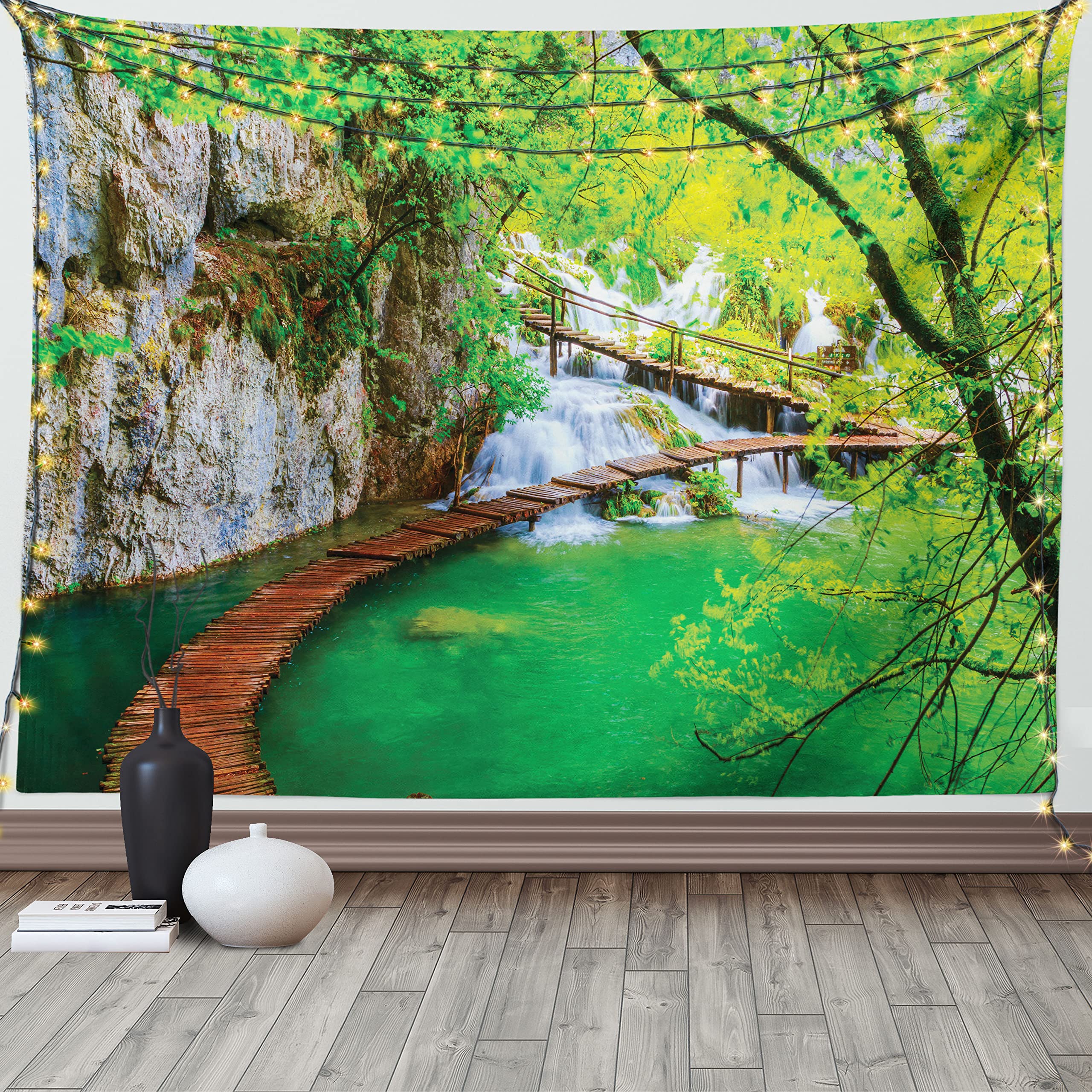 ABAKUHAUS Waterfall Tapestry, Cascade Path over the Lake by the Waterfall and Hills Mother Nature Theme Idyllic, Fabric Wall Hanging Decor for Bedroom Living Room Dorm, 58 W X 43 L, Green Grey