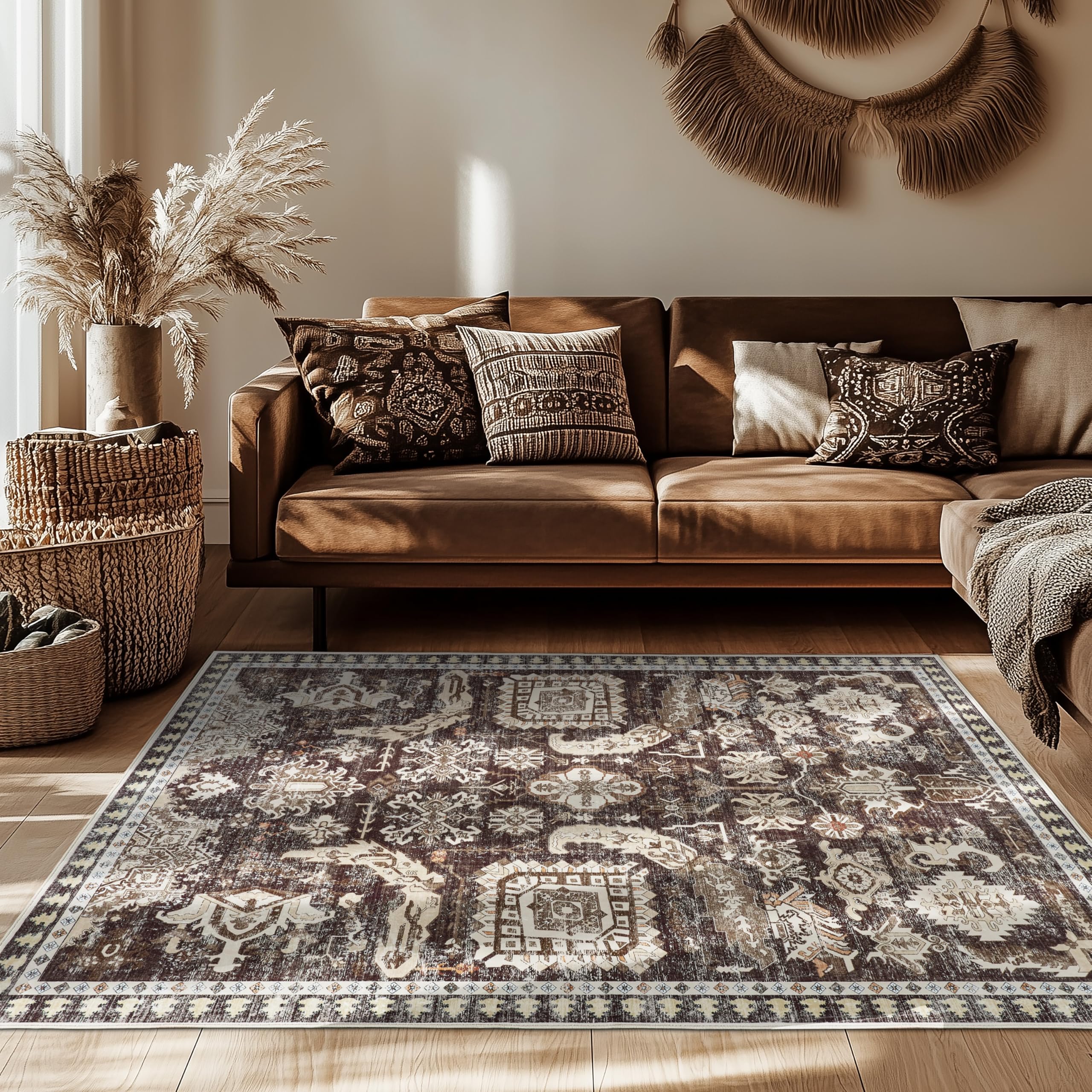 Photo 1 of 4x6 ft Washable Area Rug, Non-Slip Indoor/Outdoor, Brown Boho Design for Kitchen, Patio, Office, Entryway, Kids Room, and Runner Rugs