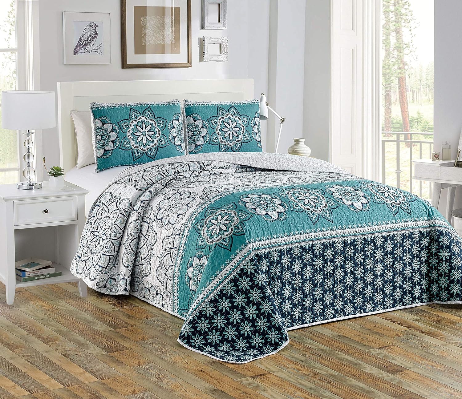 Turquoise, Twin/Twin XL Better Home Style 2 Piece Floral Medallion Design Luxury Lush Soft