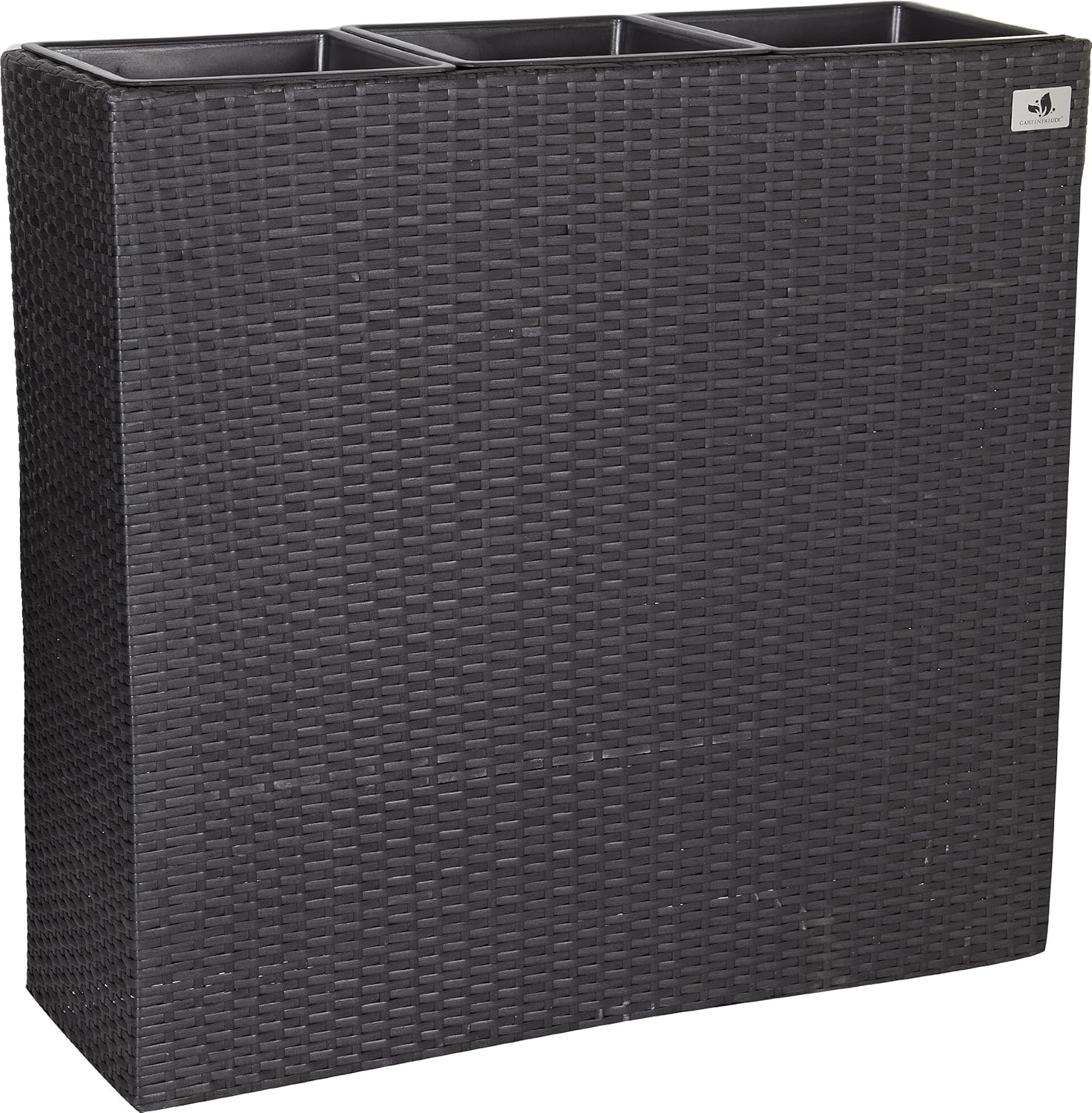 GARTENFREUDE Pflanzkübel Pflanzgefäße Blumenkübel Blumentopf für Blumen etc. Raumteiler Polyrattan inkl. 3 Kunststoffeinsätze für innen und außen, anthrazit, 76x26x73cm (BxTxH)