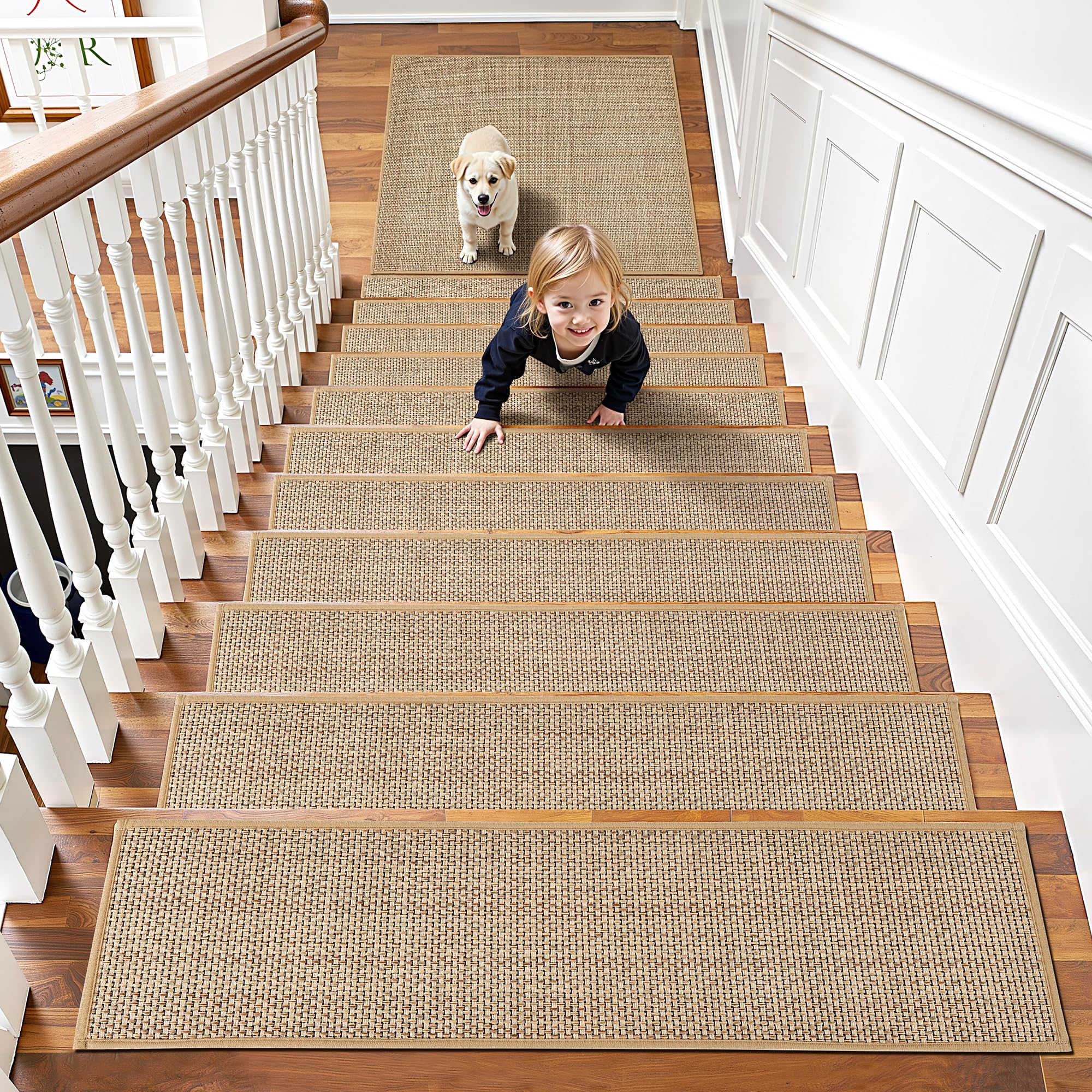 Photo 1 of Chenille Stair Treads Non Slip 15pcs Stair Runner for Wooden Steps Rubber Backing Stairs Carpet Treads Indoor Staircase Covers Mat with Rubber Backing for Pets and Kids 8"X30" Beige