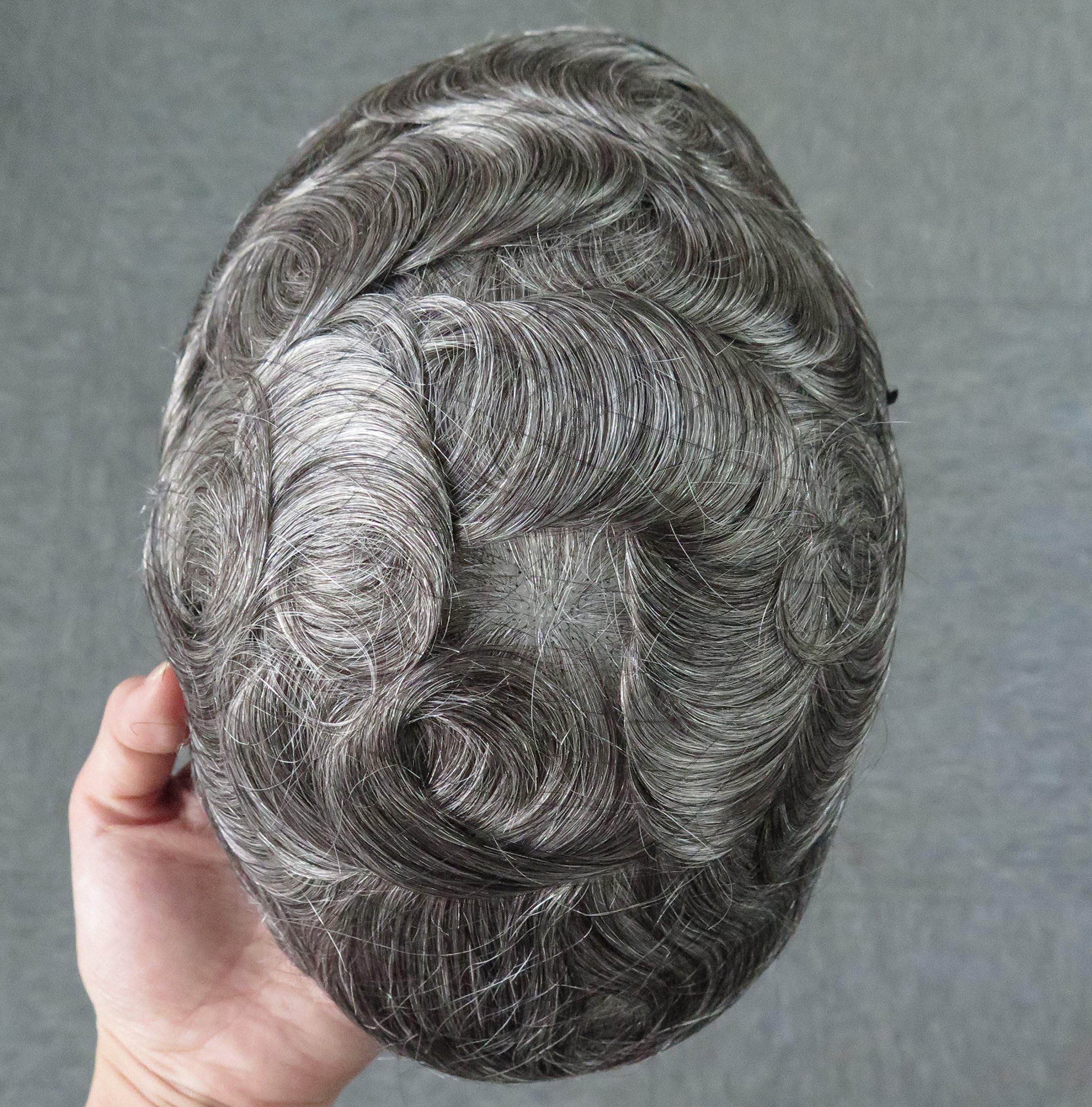 All French Lace Natural Hairline Mens Toupee Wig Human Hair Replacement System for Men Grey Hairpieces Toupee Unit