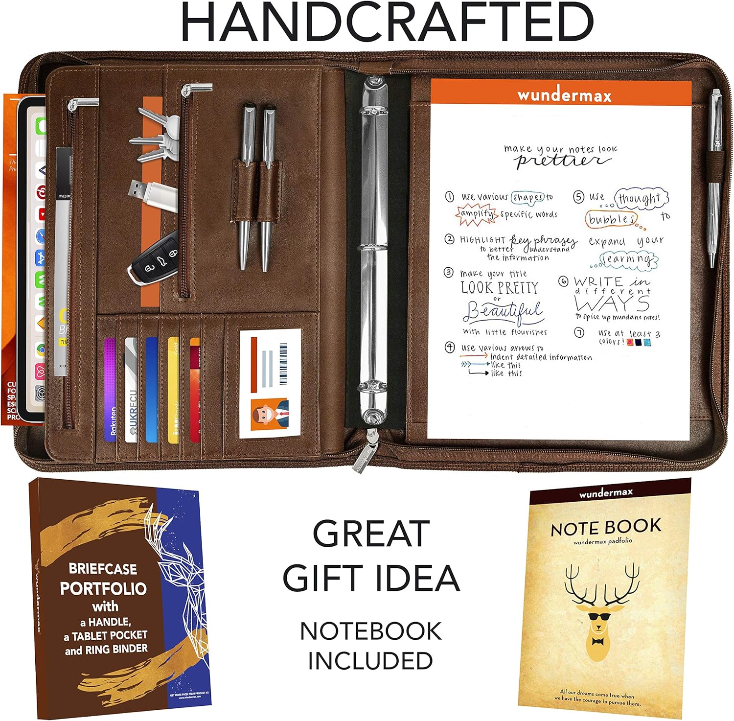 Wundermax Portfolio Padfolio 3 Three Ring Binder Document Organizer Vegan Leather Folder with Handle Legal Size Writing Pad Zipper 10.1 Inch Ipad Case Designer Business Planner for Men Women Brown : Office Products