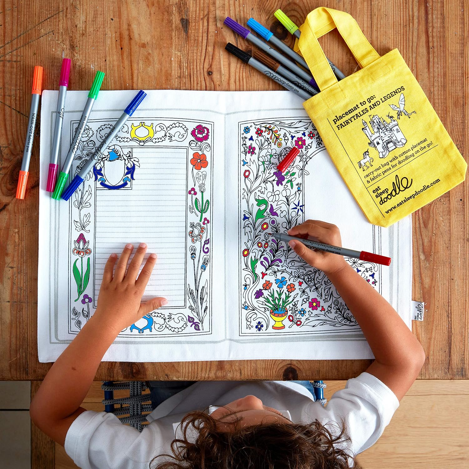 eatsleepdoodle Colouring Placemat For Kids w/ 10pk Washable Markers For Kids, 33x47cm Fairytale Colouring Placemat - Image 5