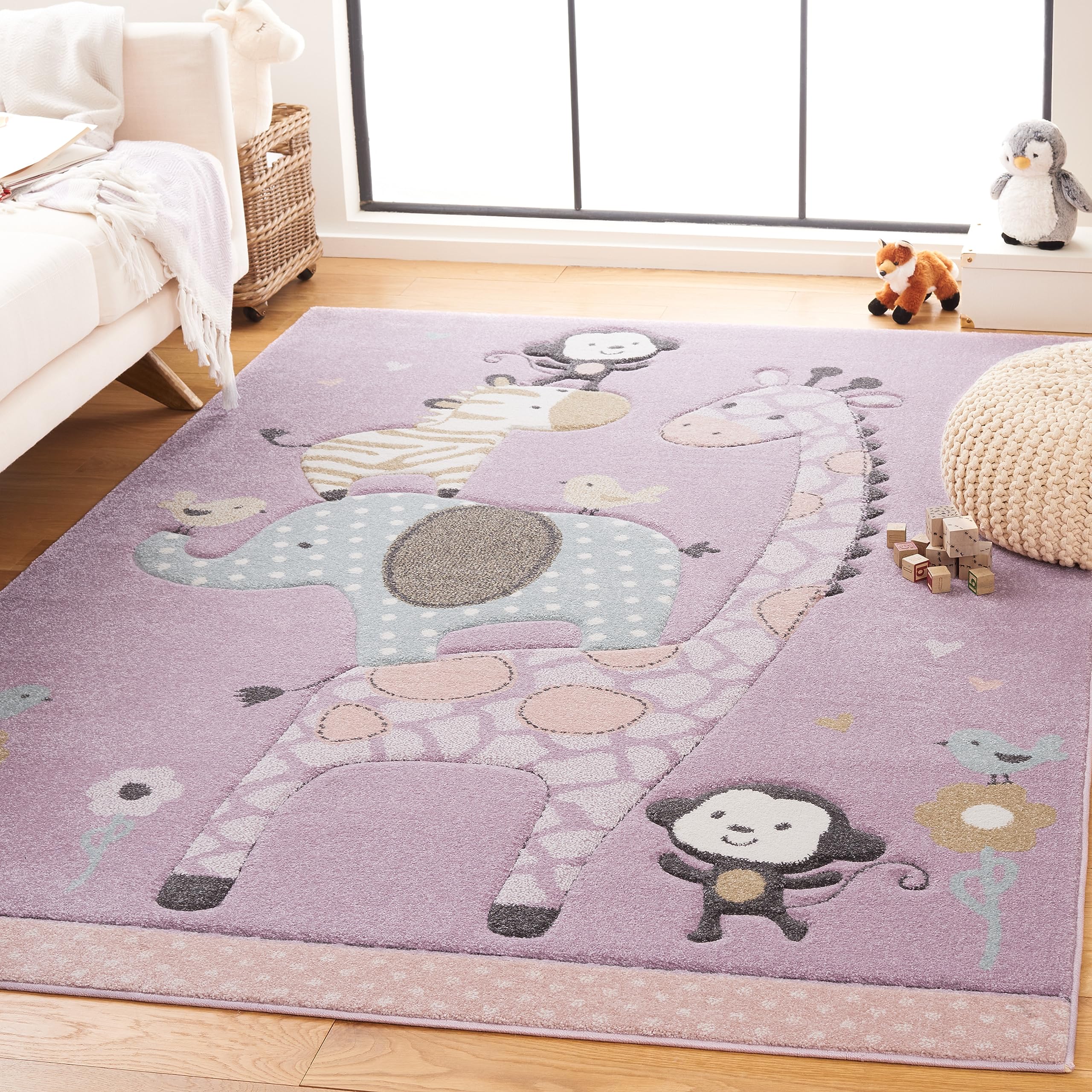 SAFAVIEH Carousel Kids Collection Area Rug - 6'7" x 9', Purple, Animal Design, Ideal for High Traffic Area for Boys & Girls in Playroom, Nursery, Bedroom (CRK120V-6) Image