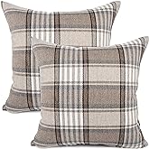 YOUR SMILE Retro Farmhouse Outdoor Buffalo Tartan Chequer Plaid Cotton Linen Decorative Throw Pillow Case Cushion Cover Pillowcase for Sofa 18 x 18 Inch, Set of 2, Khaki/Stripe