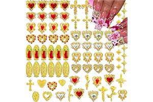 BHCCXZ 136PCS Gold Nail Charms and Gems,Heart,Cross,Rose,Starburst,Virgin Mary Charms for Nails Design,3D Alloy Y2k Nail Jewels Bulk Red and Clear Rhinestones Nail Art Decor Set