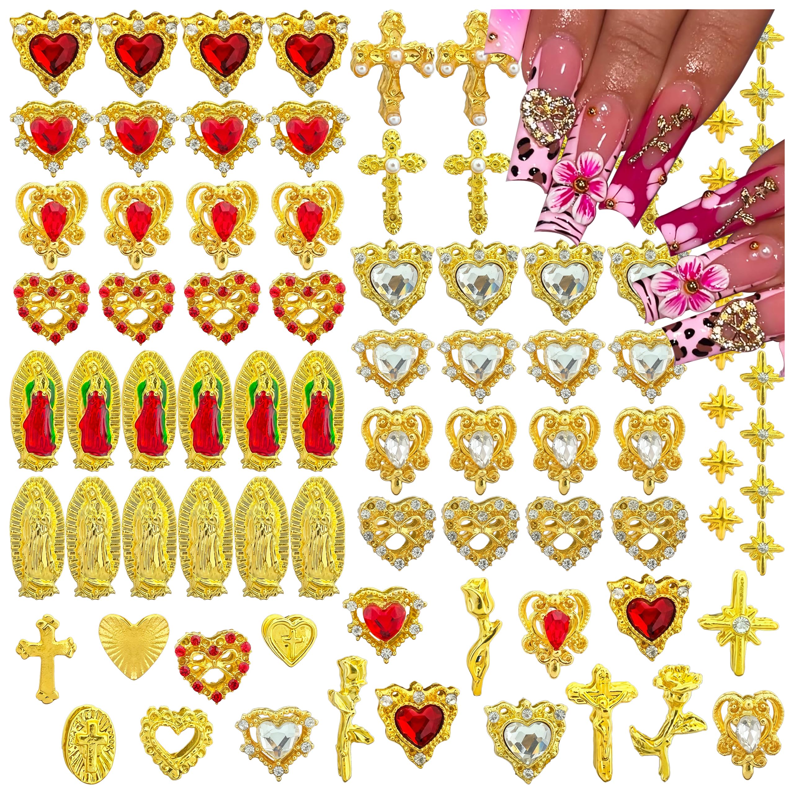 Photo 1 of 136PCS Gold Nail Charms and Gems,Heart,Cross,Rose,Starburst,Virgin Mary Charms for Nails Design,3D Alloy Y2k Nail Jewels Bulk Red and Clear Rhinestones Nail Art Decor Set