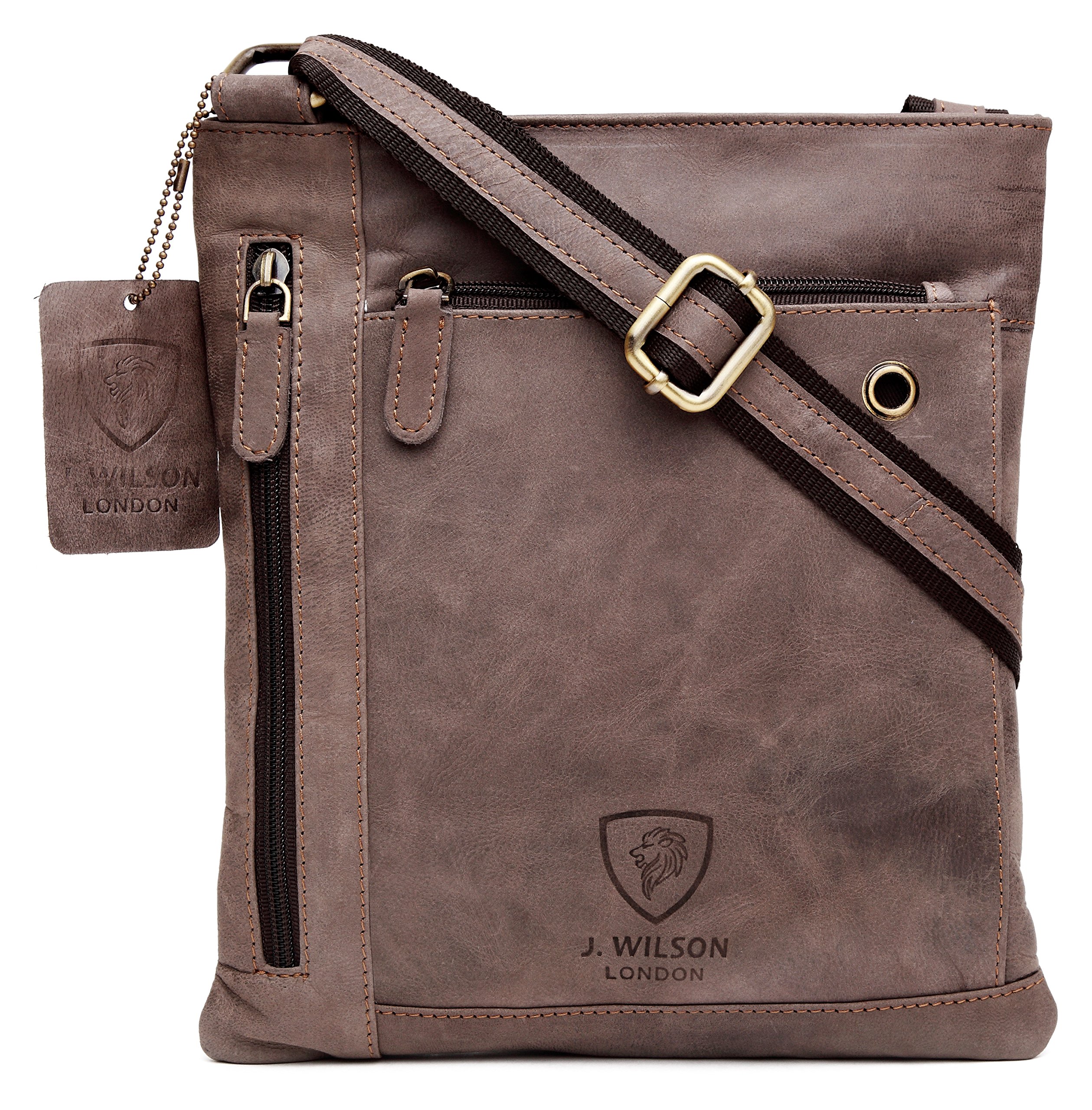 J. Wilson London 100% Pure Genuine Real Vintage Hunter Leather Handmade Mens Leather Everyday Crossover Shoulder Work iPad Messenger Bag (Distressed Tan) (Distressed Dark Brown)