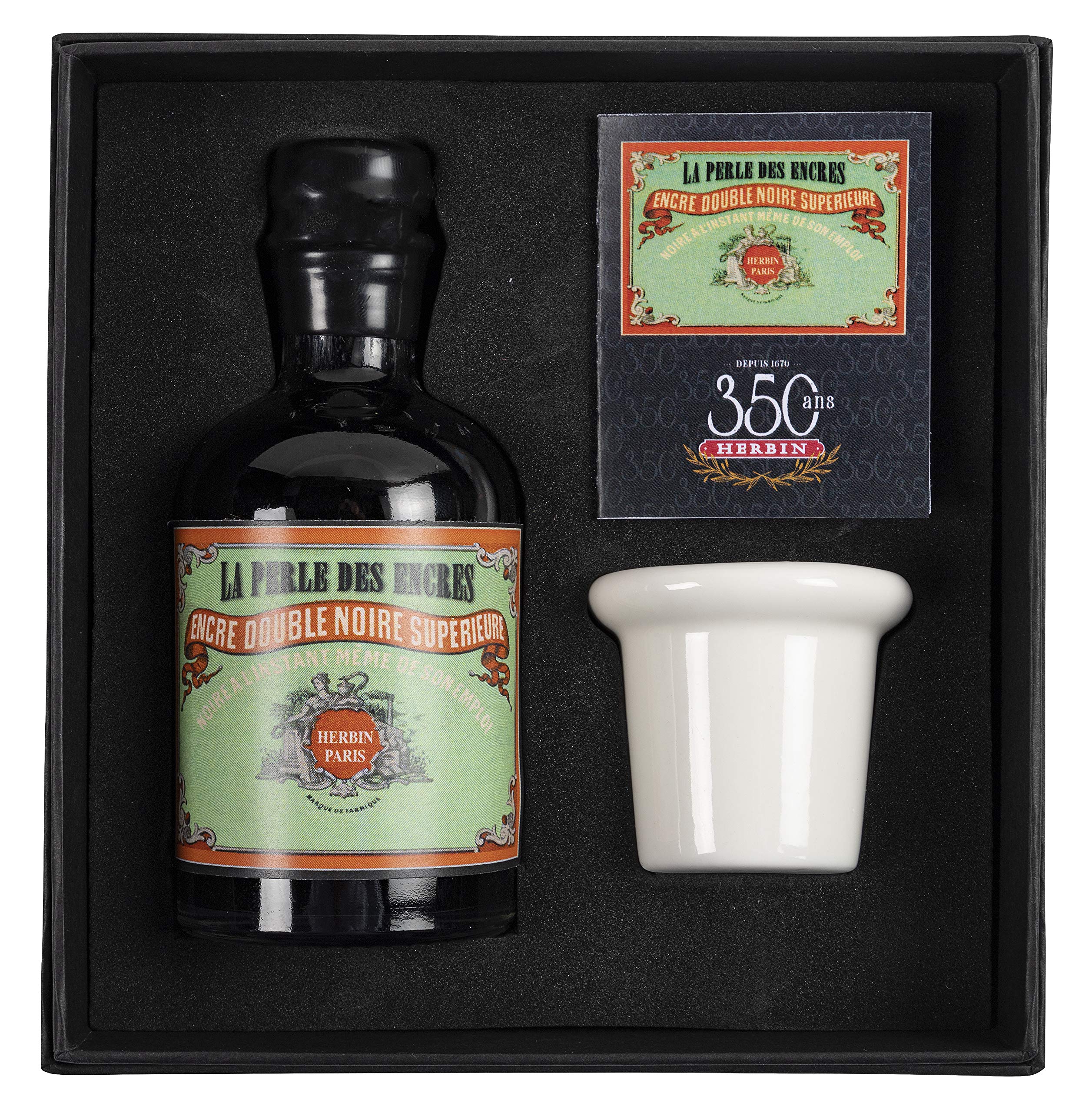 Jacques Herbin 27909T - A special 350th anniversary inkwell set including a porcelain inkwell, instructions and a 100 ml bottle of Perle noire ink Calligraphy