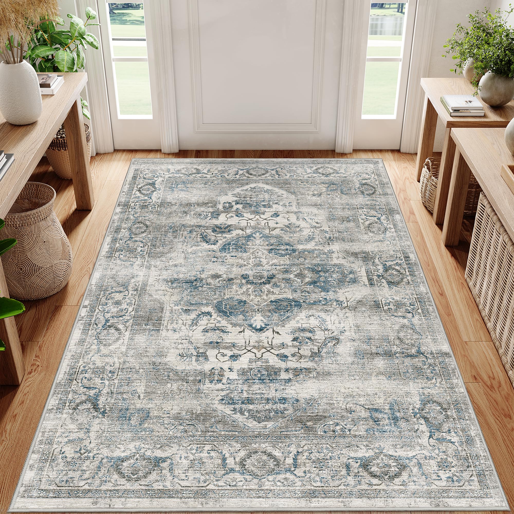 xilixili 3x5 Washable Area Rug - Non-Slip Ultra Thin Rug for Entryway Stain Resistant Indoor Doormat for Living Room Vintage Watreproof Carpet for Bedroom Kitchen Laundry (Blue/Grey,3'x5') Image