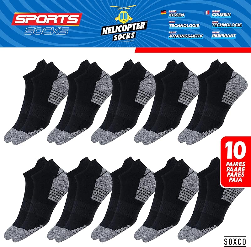Chaussettes Homme Femme Sport 43-46 Socquettes Basses Courtes - Lot de 10 Paires (EU 43 46, Noir S)