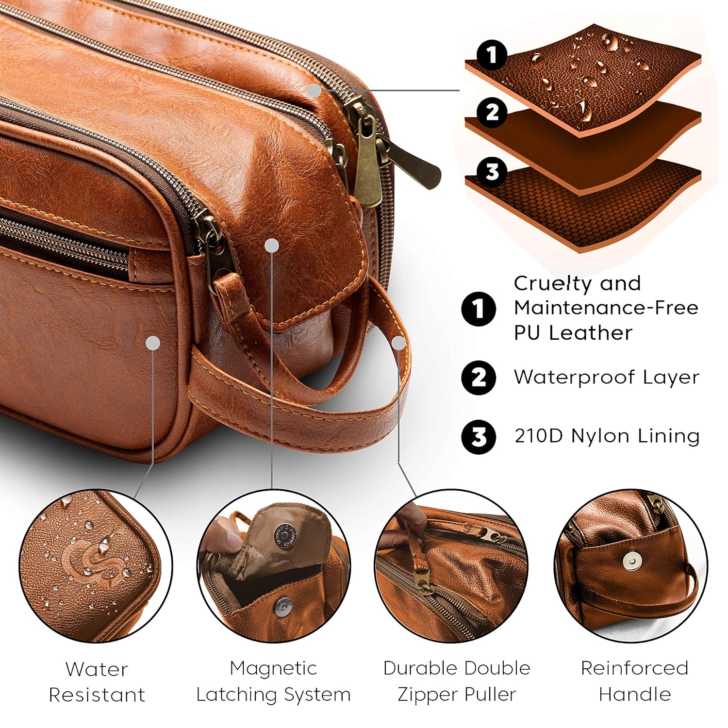 Toiletry Bag for Men or Women - Dopp Kit For Travel. Large Cosmetic and Shaving Bag. Toiletries Organizer PU Leather Bags (Standard, Brown) : Beauty