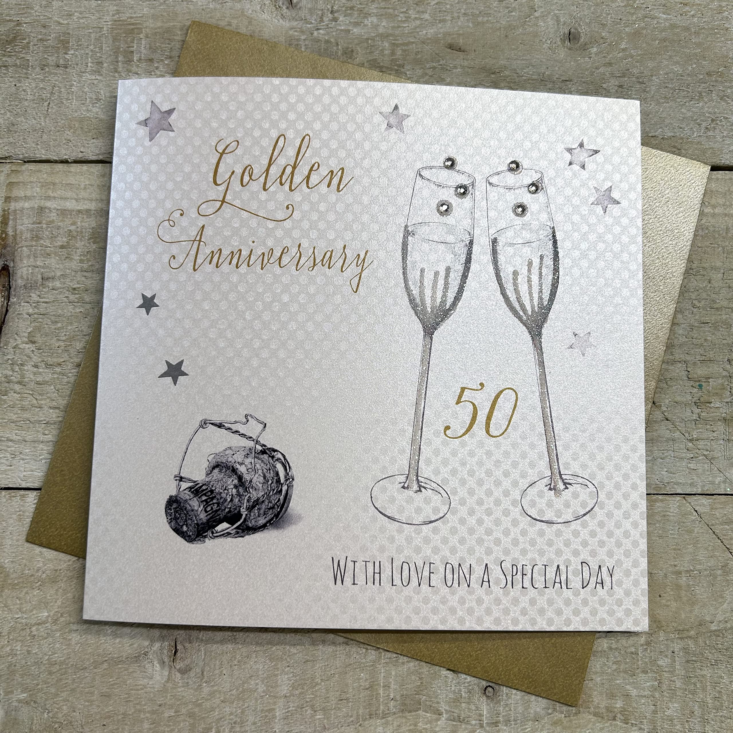 white cotton cards WA50 Champagne Glass Golden Anniversary Card Handmade 50th Anniversary Card, White