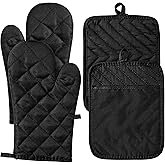 R HORSE 4Pcs Oven Mitts Pot Holders Set for Kitchen, Cotton Lining Heat Resistant Oven Gloves Black Kitchen Mittens Hot Pads Pot Holder with Pocket & Hanging Loop Trivets for Cooking Baking Grilling