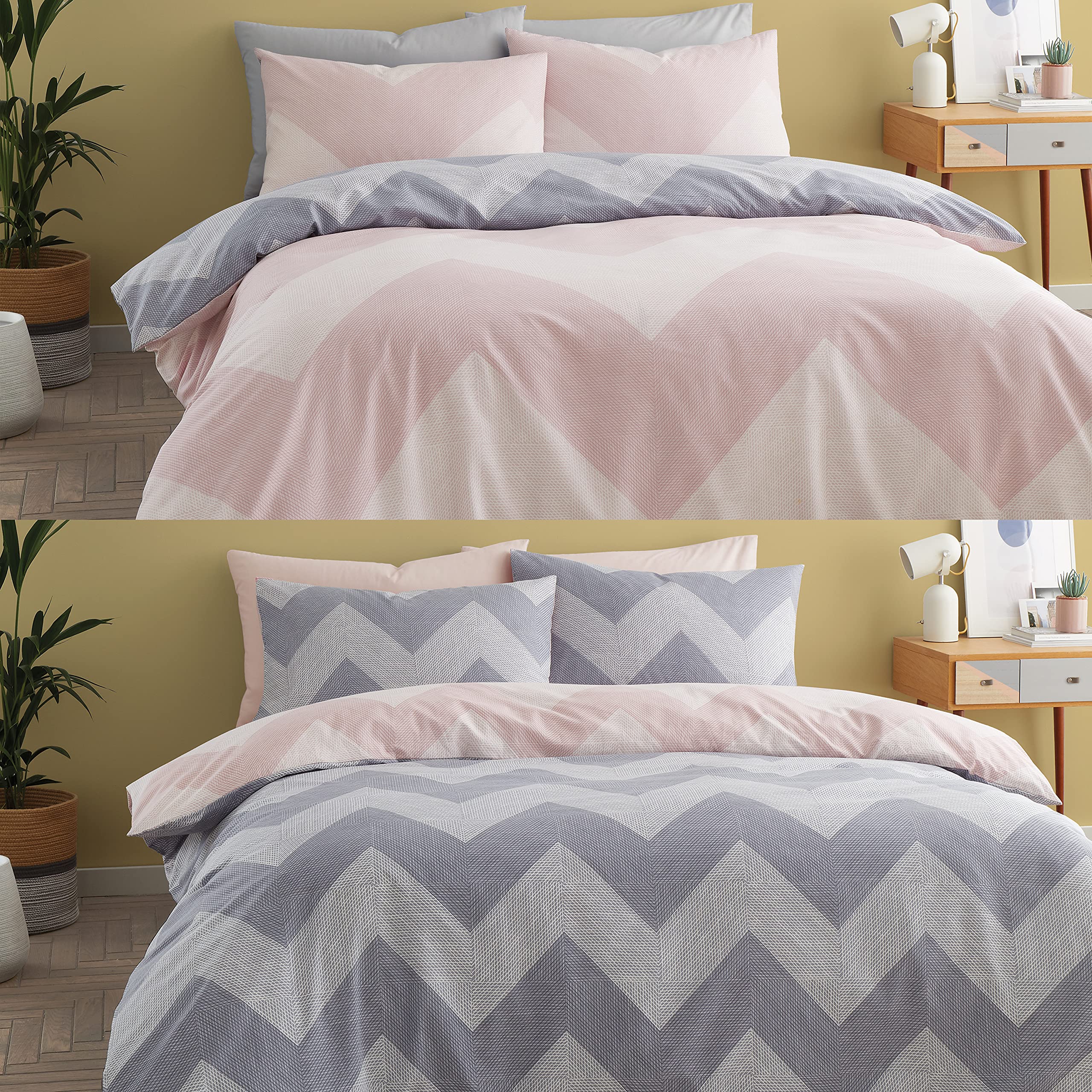 Catherine Lansfield Chevron Geo Two Pack Easy Care Single Duvet Sets Pink & Grey Single Duvet Set