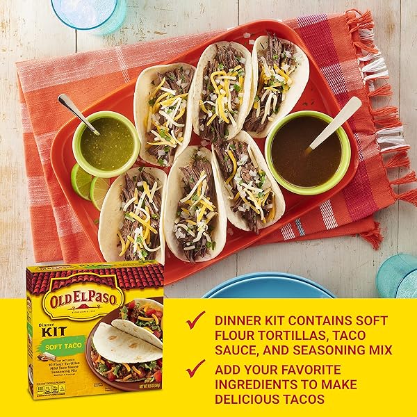 OLD EL PASO SOFT TACO DINNER KIT WITH FLOUR TORTILLAS, MILD TACO SAUCE, AND SEASONING MIX, EASY MEAL PREP, 10 CT, 12.5 OZ