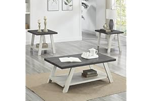 Roundhill Furniture Athens Contemporary 3-Piece Wood Shelf Coffee Table Set, Weathered Charcoal and Beige
