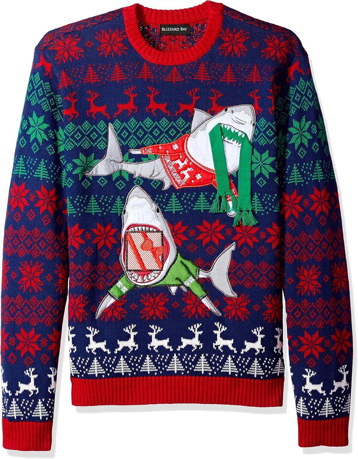 Blizzard Bay Men's Sharks in Sweaters Crew Neck Ugly Xmas, Blue/red