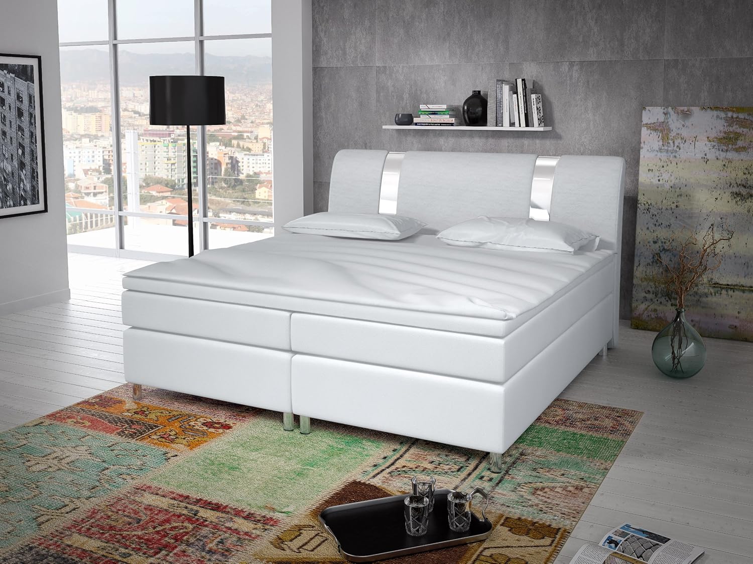 Wohnen-Luxus Diseñador Cama de Aspecto de Piel con somier con Cromo