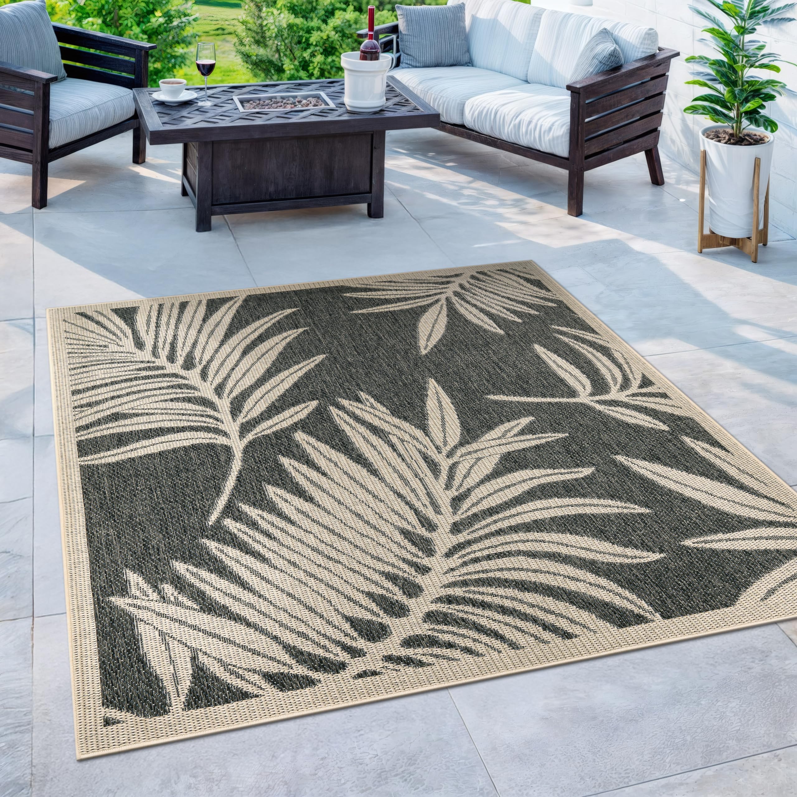Rugshop Leaf Design for Patio Rugs,Deck Rugs,Balcony Rugs Indoor/Outdoor Square Rug 6' 6" Blue Image