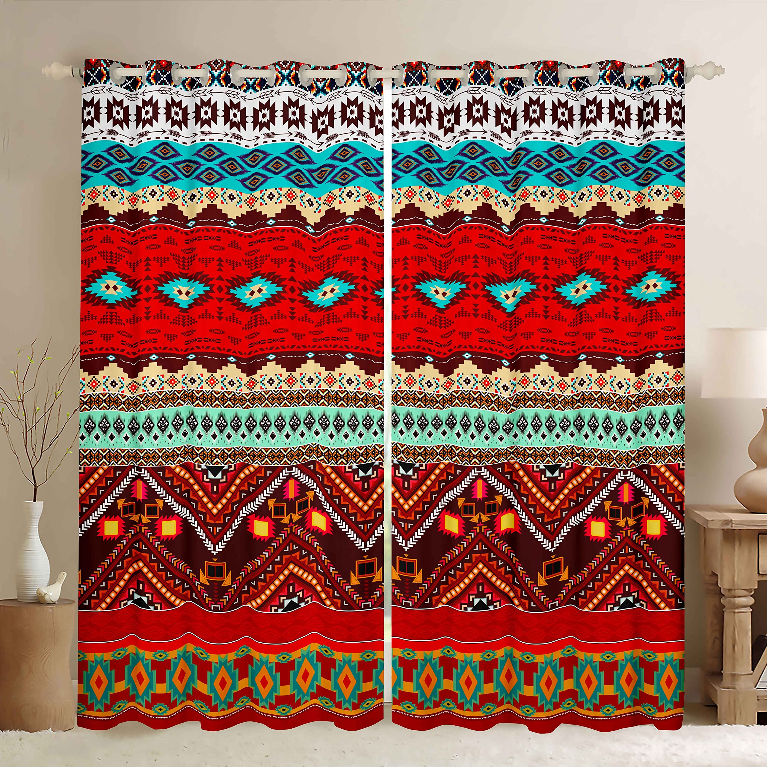 Loussiesd Ethnic Exotic Bohemian Curtains for Bedroom Boho Exotic Style Curtain Soft Lightweight Gorgeous Southwestern Window Treatment Bedroom Decor Colorful Aztec W46*L54 2 Panels — image 1
