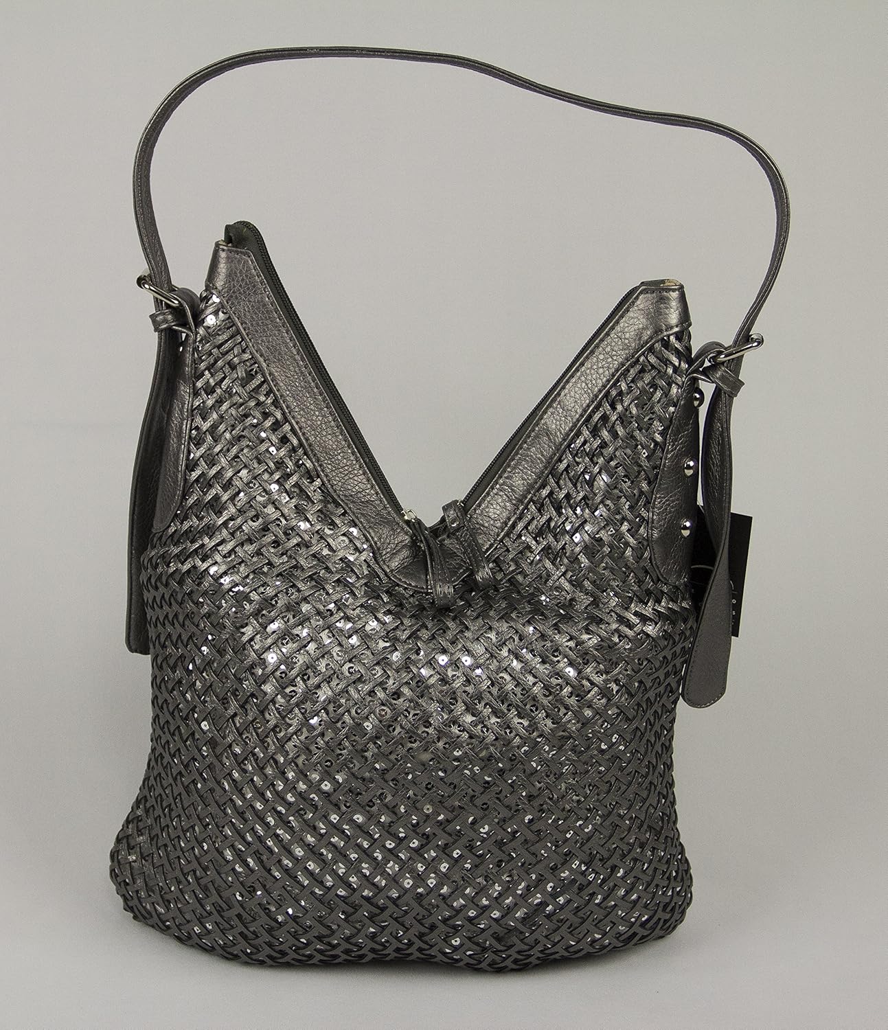 Glittered Basket Weave Shoulder Bag (Pewter) Shoes