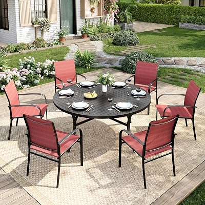 MIXPATIO 7 Pieces Outdoor Table and Chairs, Patio Dining Set for 6 Includes 54" Round Outdoor Table and 6 Patio Chair Set, Outdoor Dining Furniture Set for Lawn Backyard Deck, Red