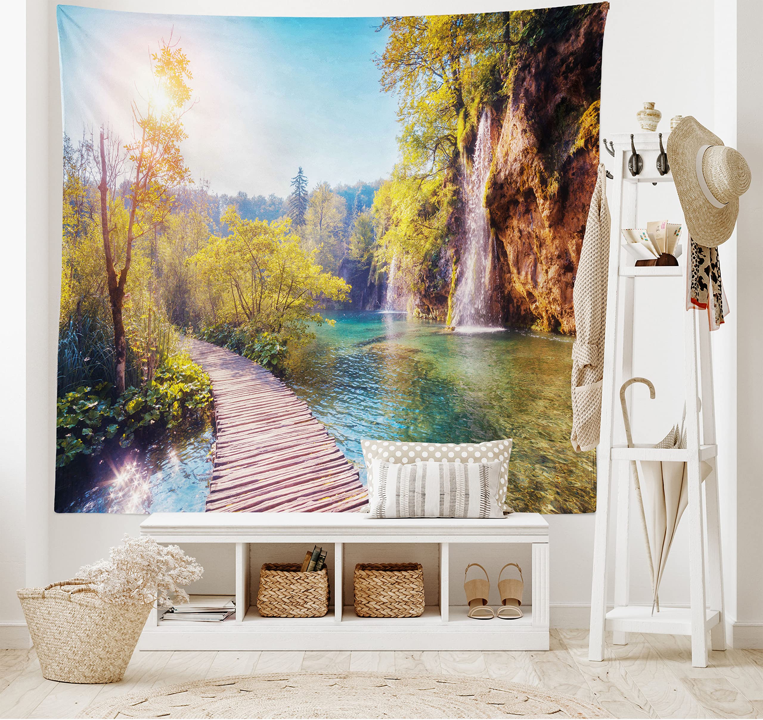ABAKUHAUS Nature Tapestry, Idyllic Lake with Waterfall Flowing down the Hills in National Park Autumn Scenery, Wall Hanging for Bedroom Living Room Dorm, 80 W X 60 L, Multicolor