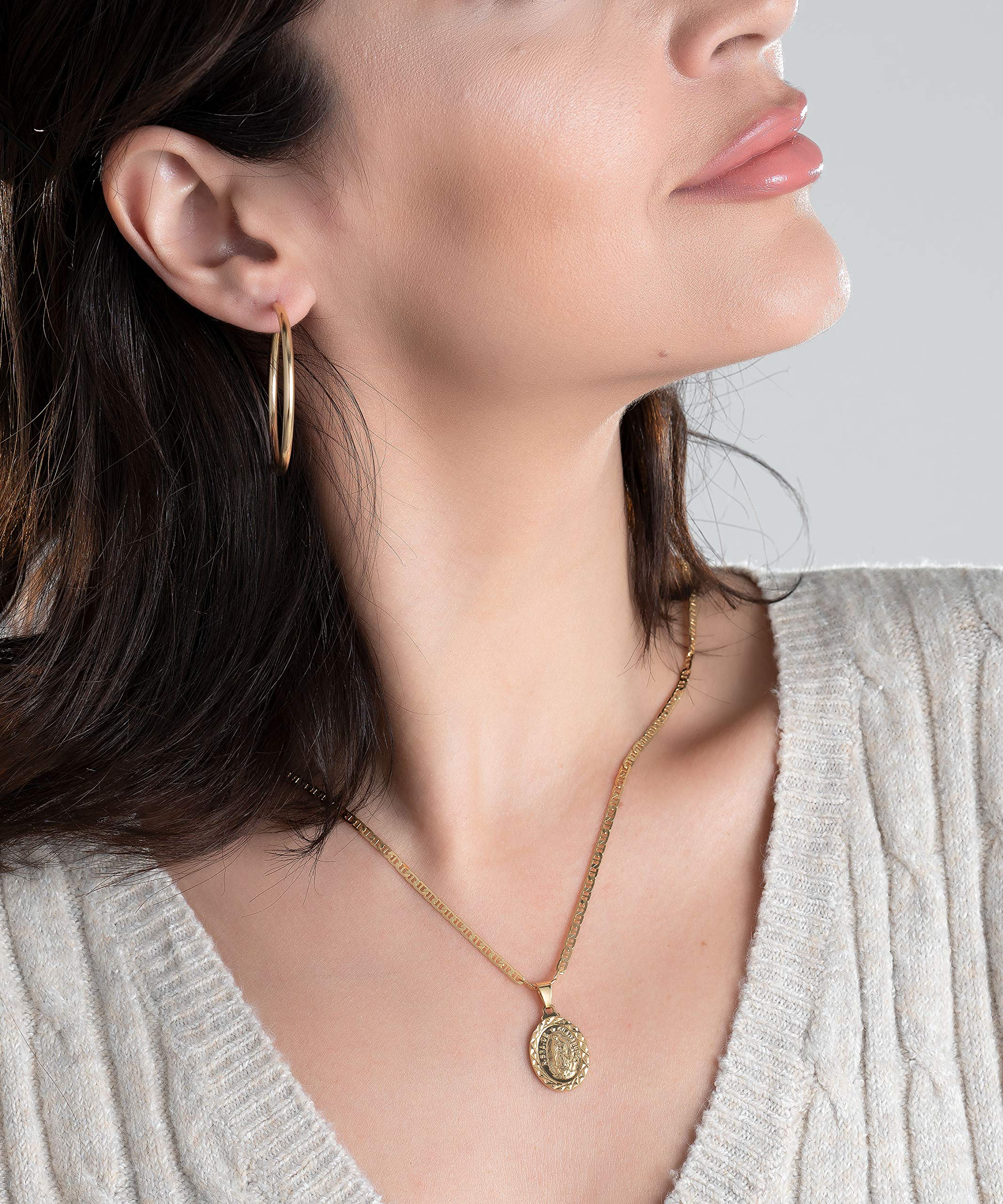 Barzel 18K Gold Plated Flat Mariner/Marina 060 3MM Chain Necklace With Virgin Mary Guadalupe Charm Pendant