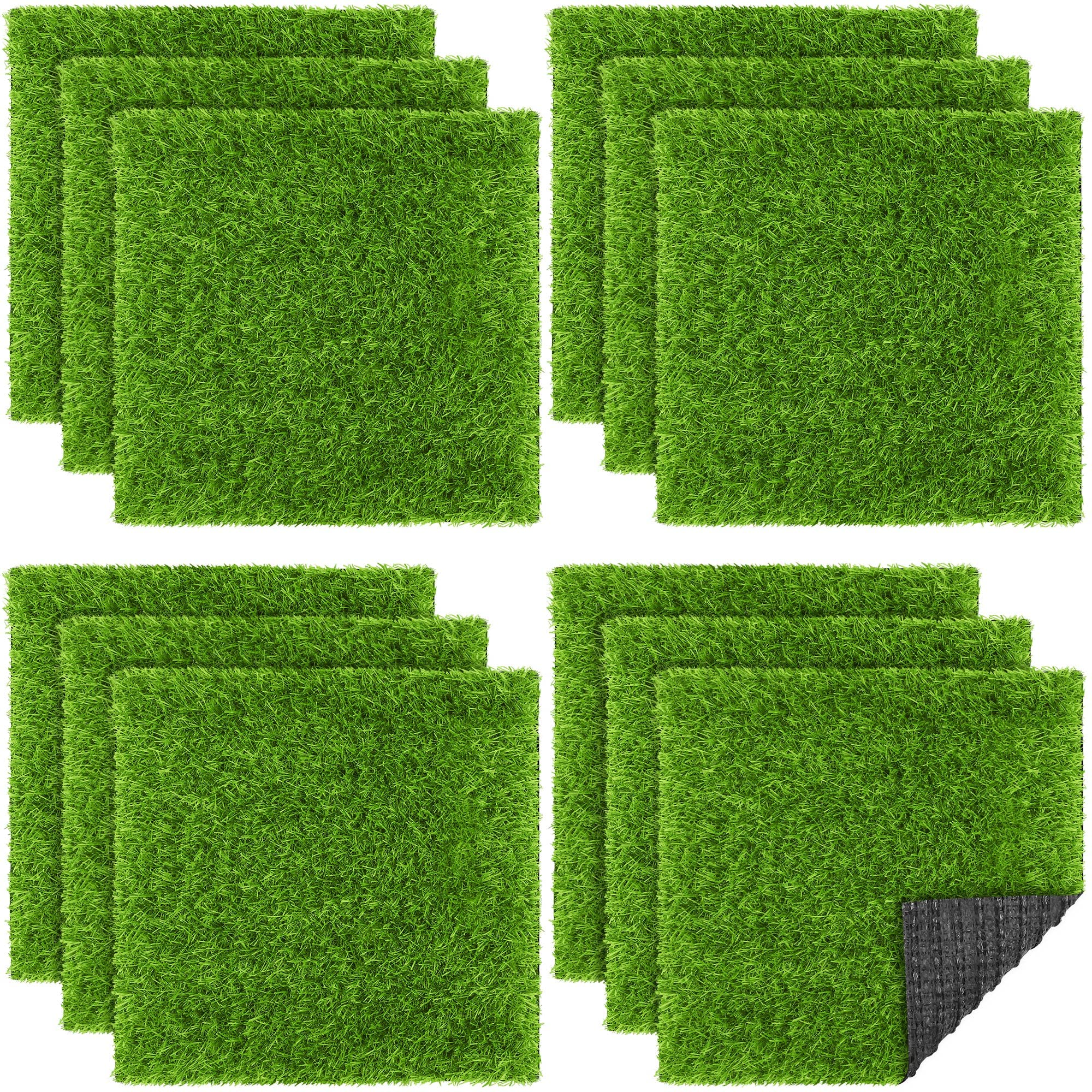 Photo 1 of TURSTIN 12 Pieces Artificial Grass Mat Square 12 x 12 Inch Fake Turf Patch Indoor Outdoor Garden Lawn Patio Balcony Synthetic Turf Mat Realistic Grass Rug for Crafts Miniature Garden DIY, Grass Green