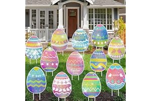 MNKXL Glitter Easter Yard Signs Extra Large 12 Pack,Sparkling Easter Garden Egg Stakes,Waterproof Easter Sidewalk Signs,Laser Printed Easter Outdoor Decor Yard Signs for Easter Party Patio Lawn Decorations