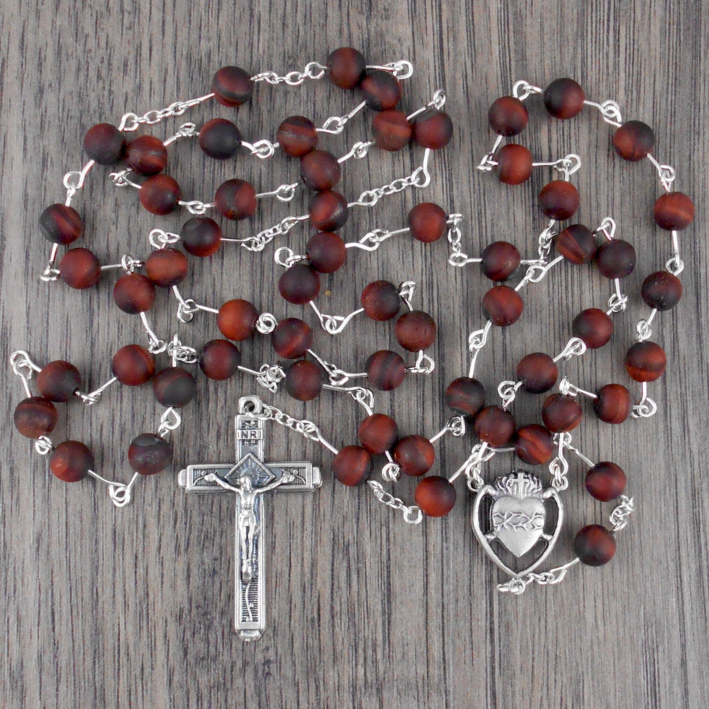Frosted Red Tiger's Eye & Silver Sacred Heart Rosary