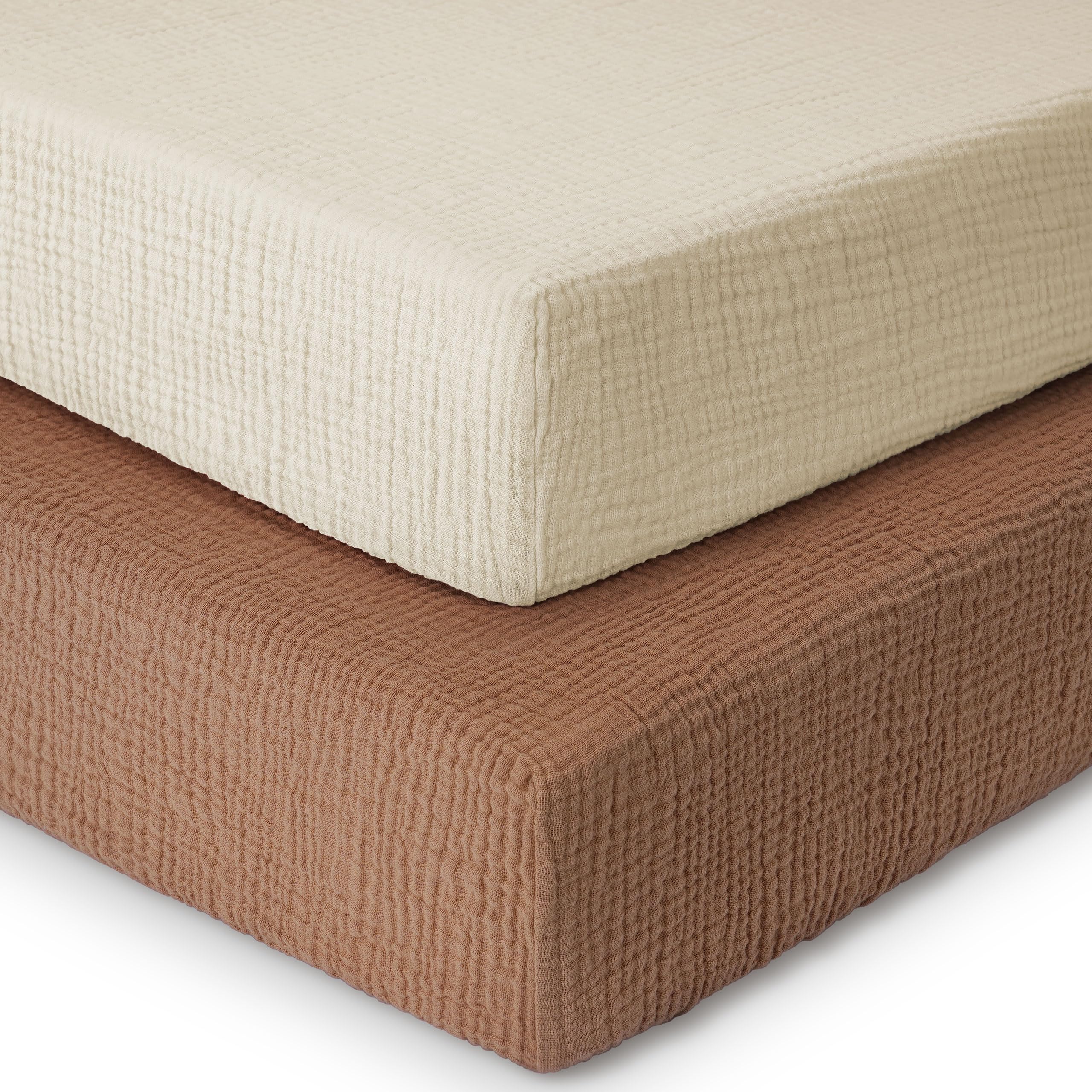 Photo 1 of Yoofoss Muslin Crib Sheets for Boys Girls 100% Cotton Fitted Baby Crib Sheet 2 Pack Soft and Breathable for Standard Crib Mattress & Toddler Mattress 52"x28" Apricot&Brown