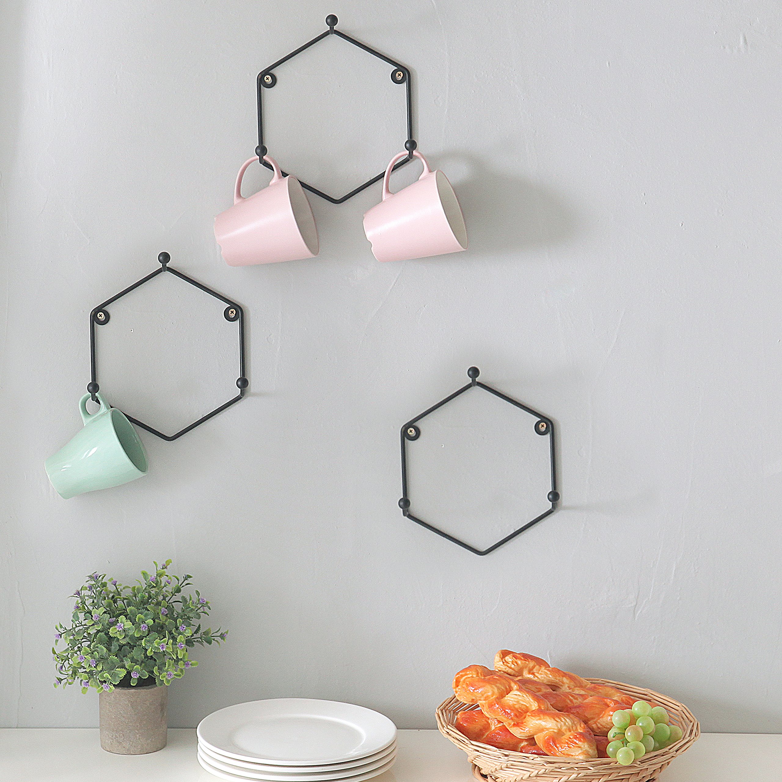Modern Matte Black Geometric Metal Wall Mounted 3Hook Mug Rack Holder
