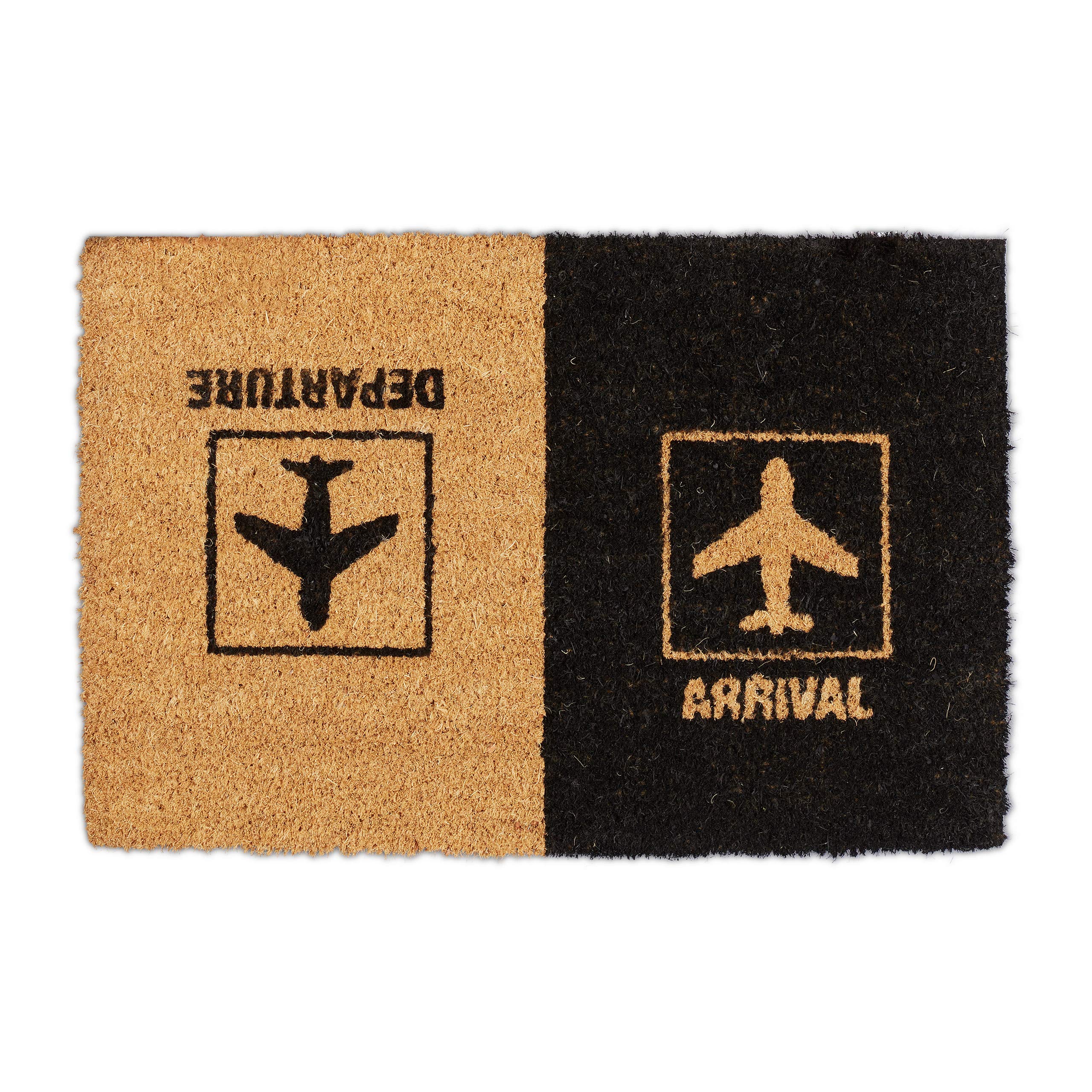 Relaxdays Coir Doormat for Indoors & Outdoors, Arrival Departure Airport Motif, Non-Slip, HxW: 60x40 cm, Natural/Black