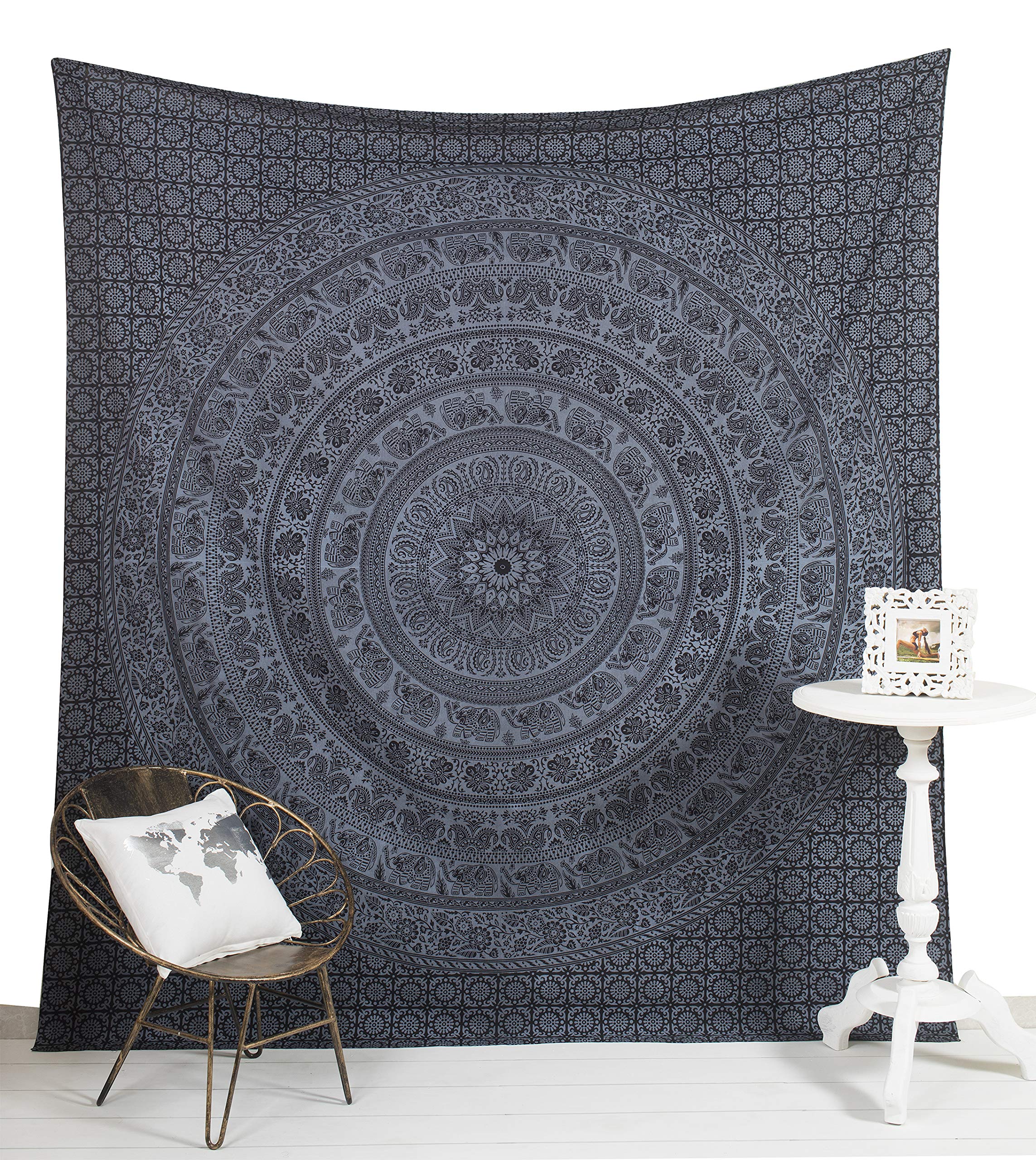 Tapestry Wall Hanging Hippie Elephant Mandala Bohemian Maditation Large - Queen Indian Black Medallion Psychedelic Popular Ombre Beach Bedding Blanket 84 x 90 Inch Grey