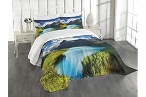 Lunarable Nature Bedspread, Mountain Range and Lake with Idyllic Pine Forest Cloud Sky Calm Landscape, Decorative Quilted 3 Piece Coverlet Set with 2 Pillow Shams, King Size, Aqua Green