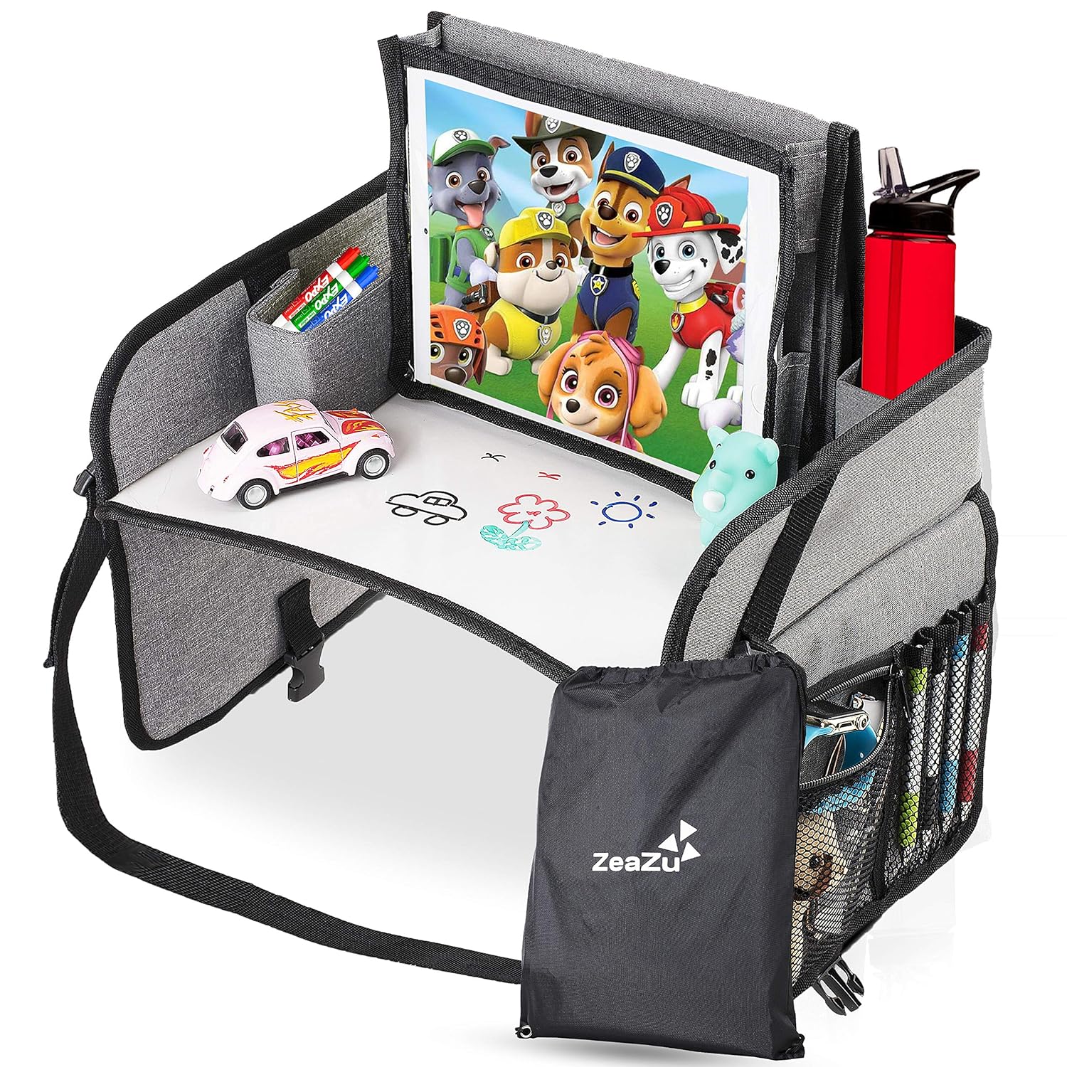 Kids Travel Tray with Bag - Foldable Compact Lap Car Seat Table Desk with Dry Erase Board, iPad Holder, Backseat Essential Storage Organizer for Toddler and Child Road Trip and Airplane