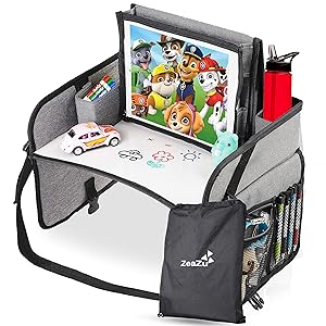 Kids Travel Tray with Bag - Foldable Compact Lap Car Seat Table Desk with Dry Erase Board, iPad Holder, Backseat Essential Storage Organizer for Toddler and Child Road Trip and Airplane
