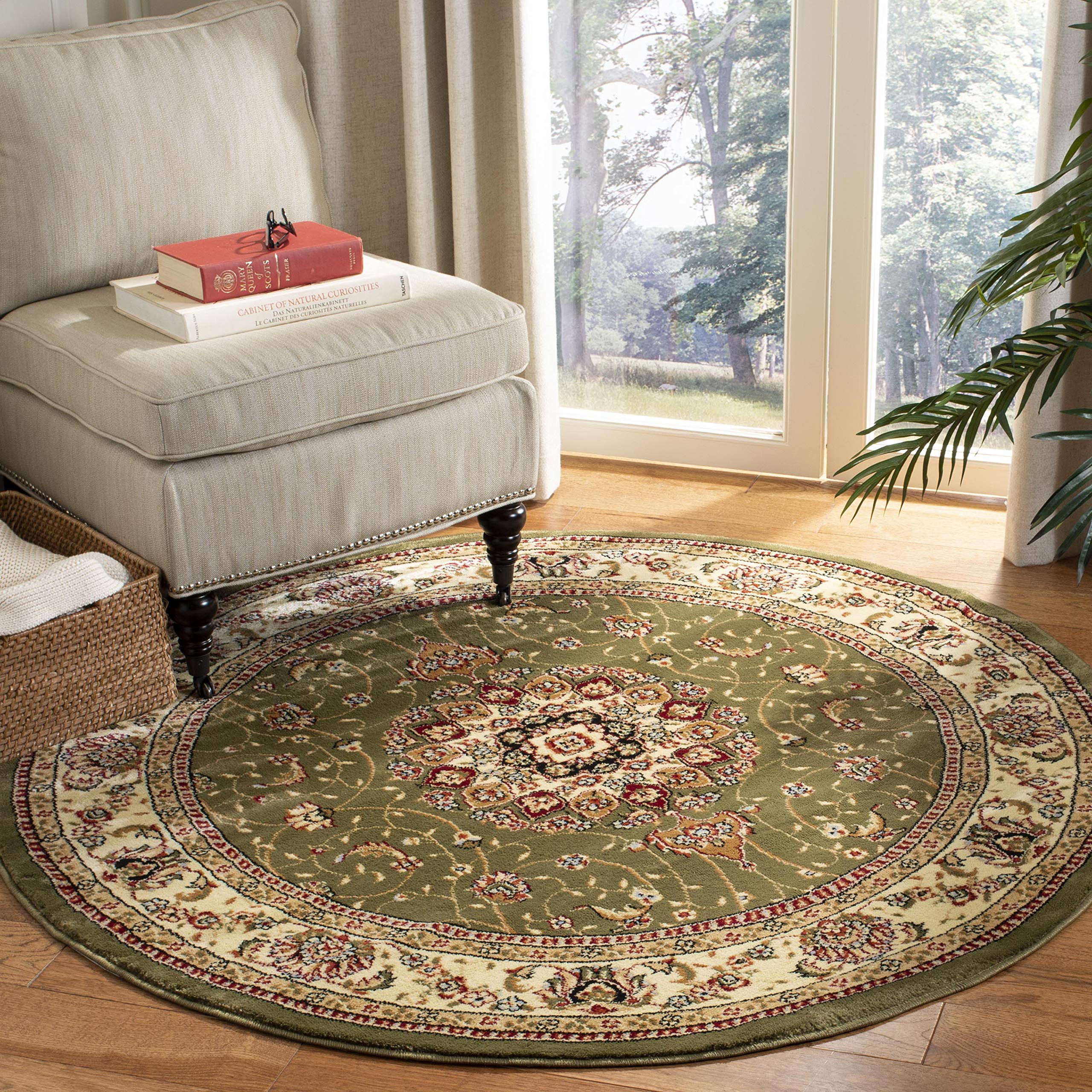 SAFAVIEH Lyndhurst Collection 8' Round Sage / Ivory LNH329B Traditional Oriental Non-Shedding Dining Room Entryway Foyer Living Room Bedroom Area Rug Image